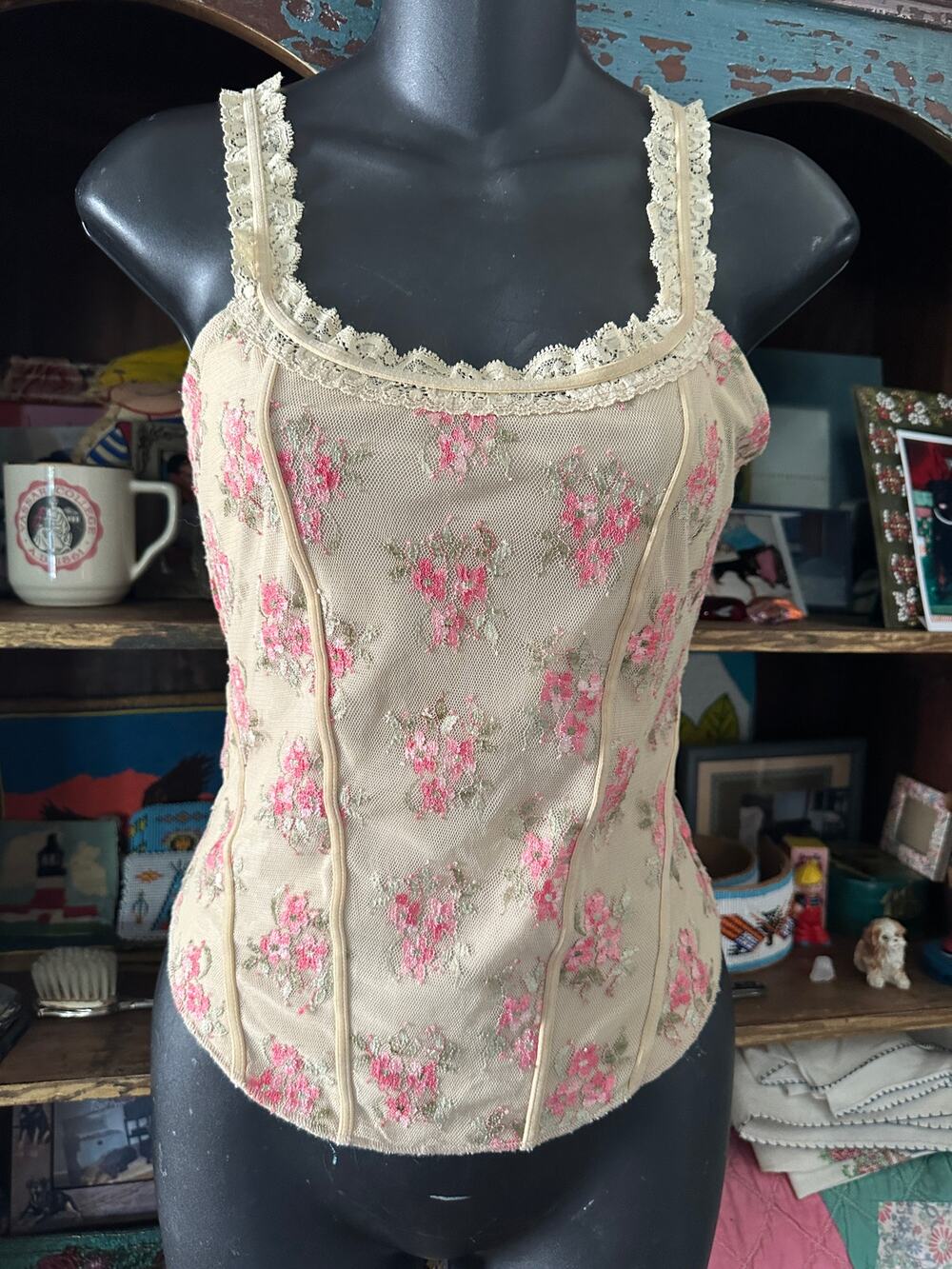 VINTAGE 90's GUESS JEANS AUTHENTIC FLORAL MESH CAMISOLE CORSET TOP